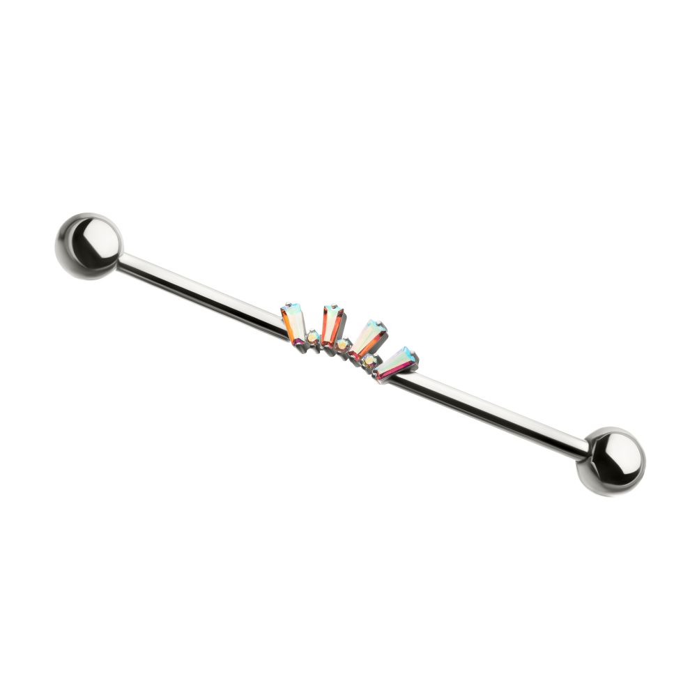 Titanium Internally Threaded Alternating Round & Baguette Prong Set Gem Cluster with Ball End Industrial Barbell