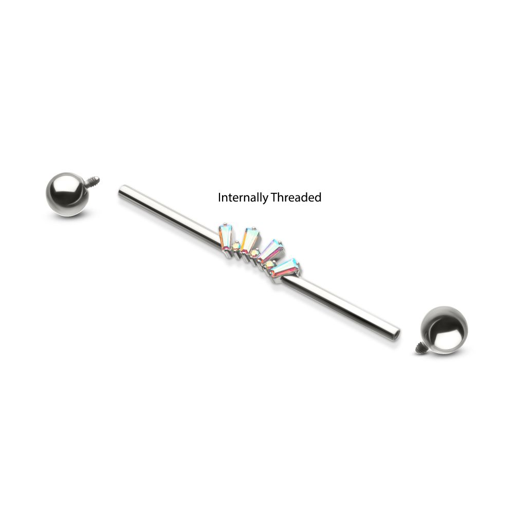 Titanium Internally Threaded Alternating Round & Baguette Prong Set Gem Cluster with Ball End Industrial Barbell