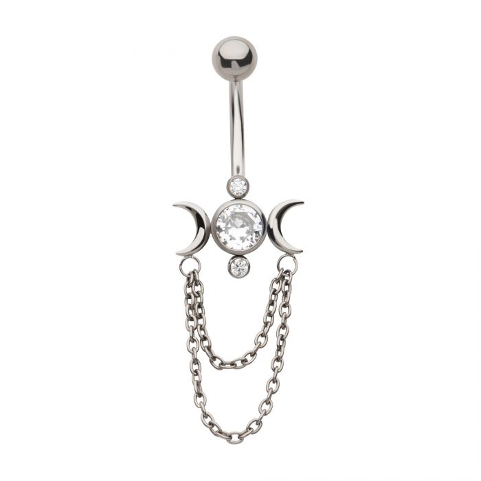 Titanium Internally Threaded Bezel Round CZ Triple Moon Phase Navel with 2 Tier Dangle Chain