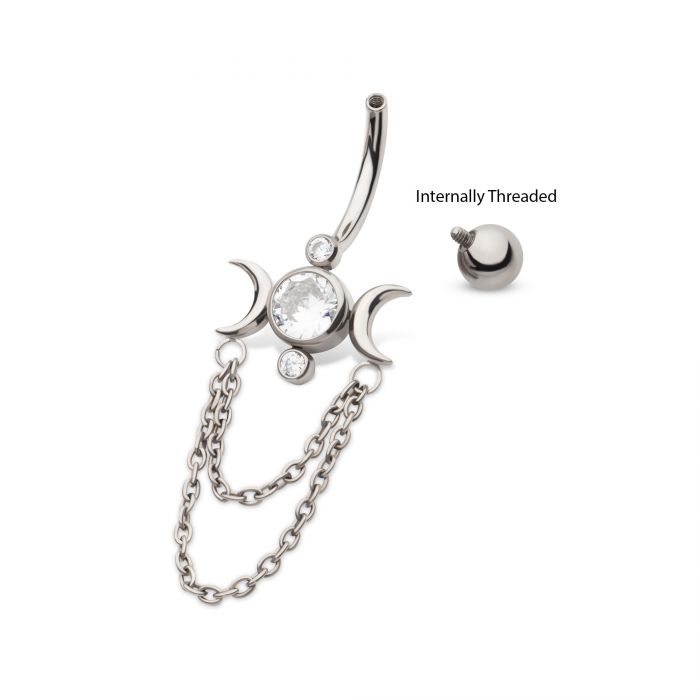 Titanium Internally Threaded Bezel Round CZ Triple Moon Phase Navel with 2 Tier Dangle Chain
