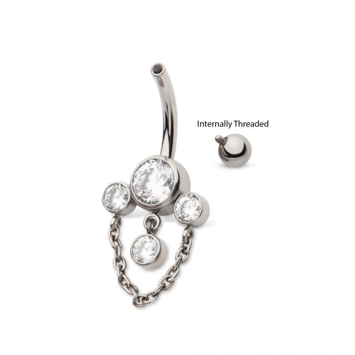 Titanium Internally Threaded 3-Cluster Bezel Round CZ Navel with Chain & Gem Dangles
