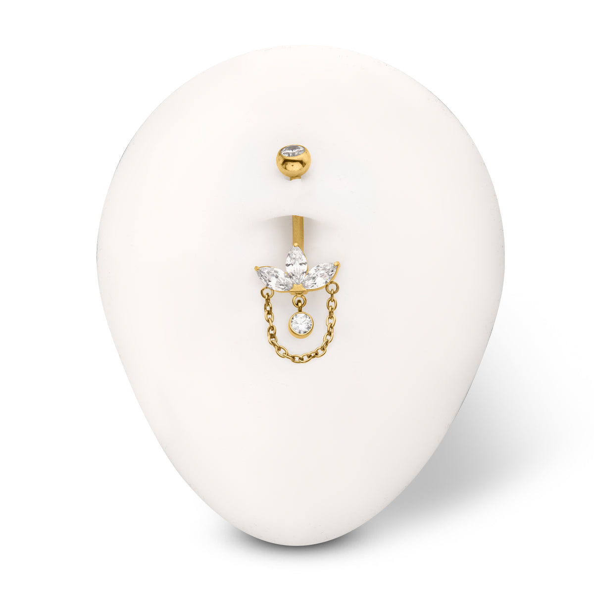 24Kt Gold PVD Titanium Internally Threaded Marquise Gem Fan Navel with Floating Gem & Dangle Chain