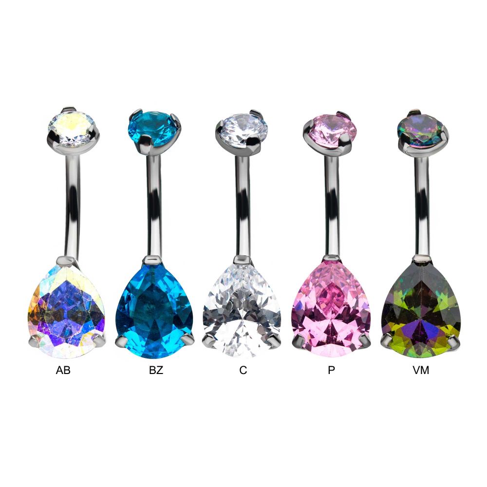Titanium Internally Threaded Double CZ Gem 3-Prong Teardrop Navel Curves
