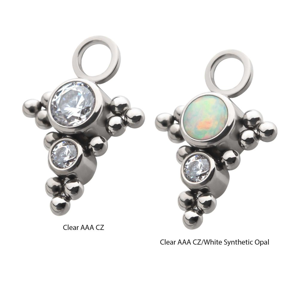 Titanium 11-Bead Bezel Round CZ/Opal 2-Cluster Charm