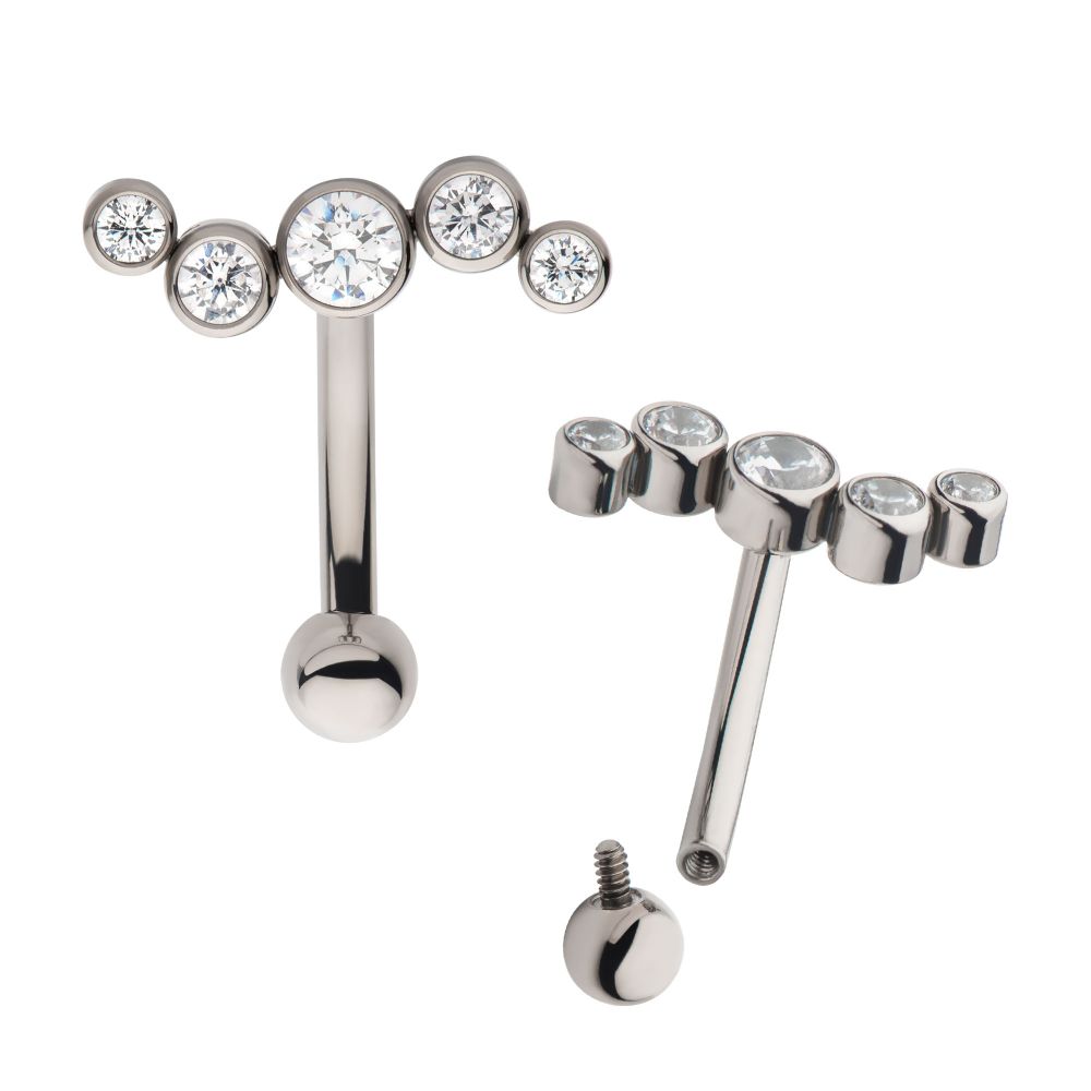 Titanium Internally Threaded with Bezel Set Clear AAA CZ Oscillating 5-Cluster Fixed Top Curved Barbell
