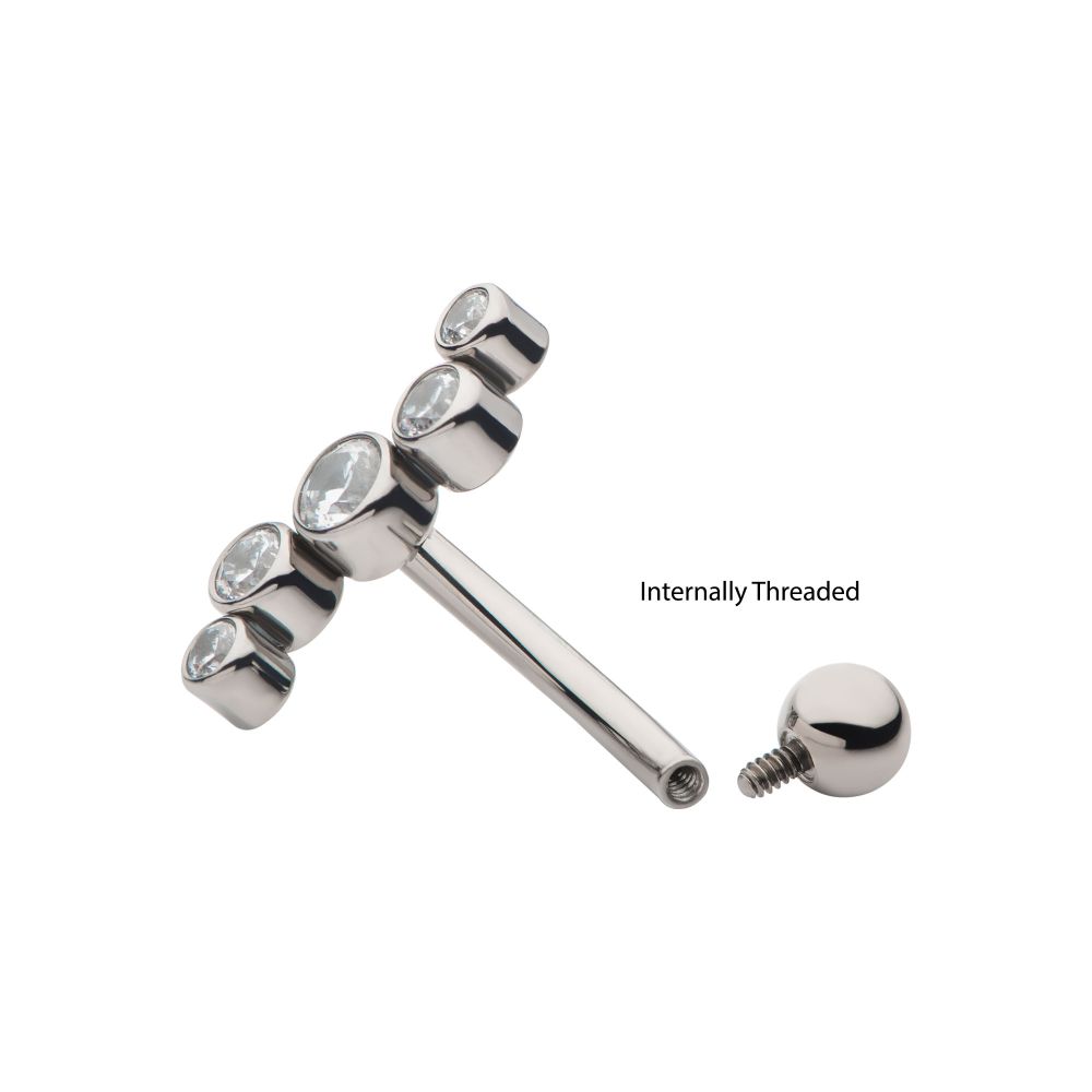 Titanium Internally Threaded with Bezel Set Clear AAA CZ Oscillating 5-Cluster Fixed Top Curved Barbell
