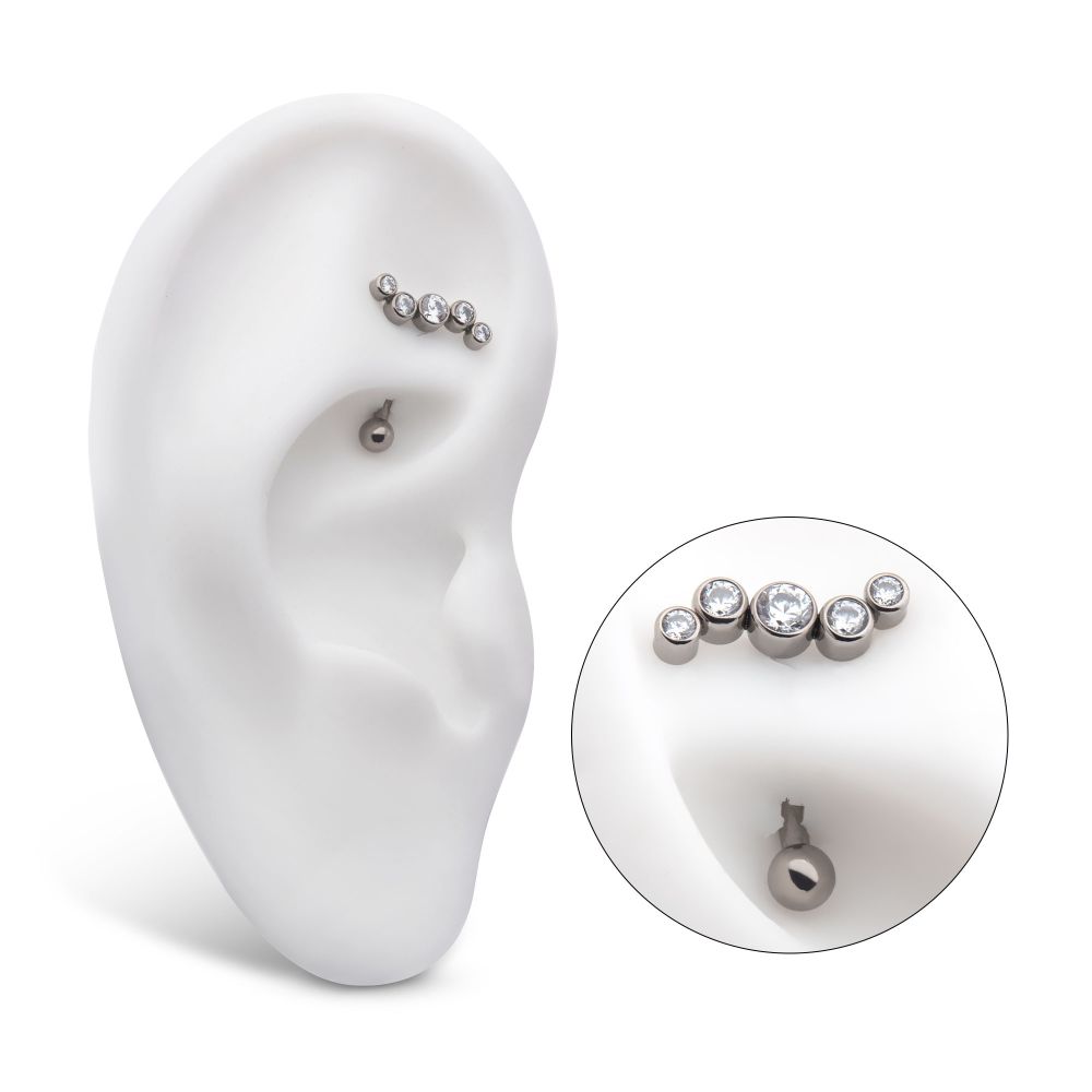 Titanium Internally Threaded with Bezel Set Clear AAA CZ Oscillating 5-Cluster Fixed Top Curved Barbell
