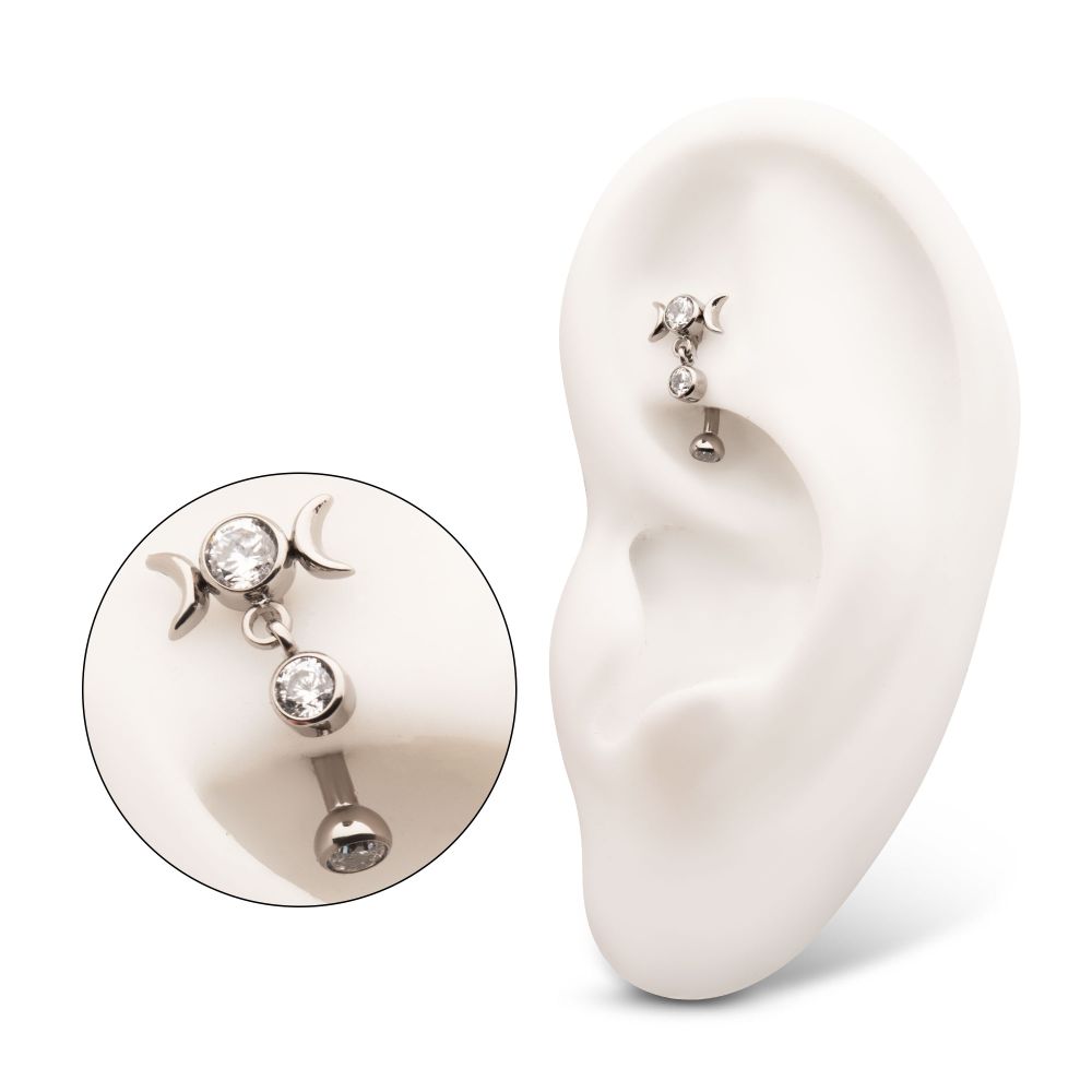 Titanium Internally Threaded Gem Triple Moon Phase Fixed Top Curved Barbell with Floating Bezel CZ Dangle