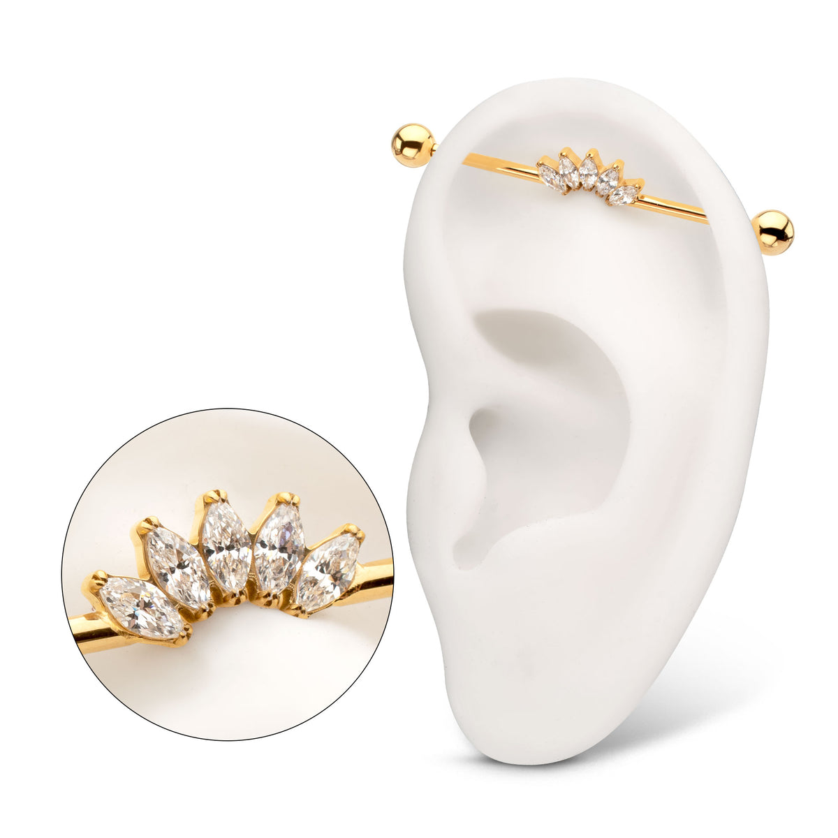 24Kt Gold PVD Titanium Internally Threaded 5 Marquise Gem Cluster with Ball End Industrial Barbell