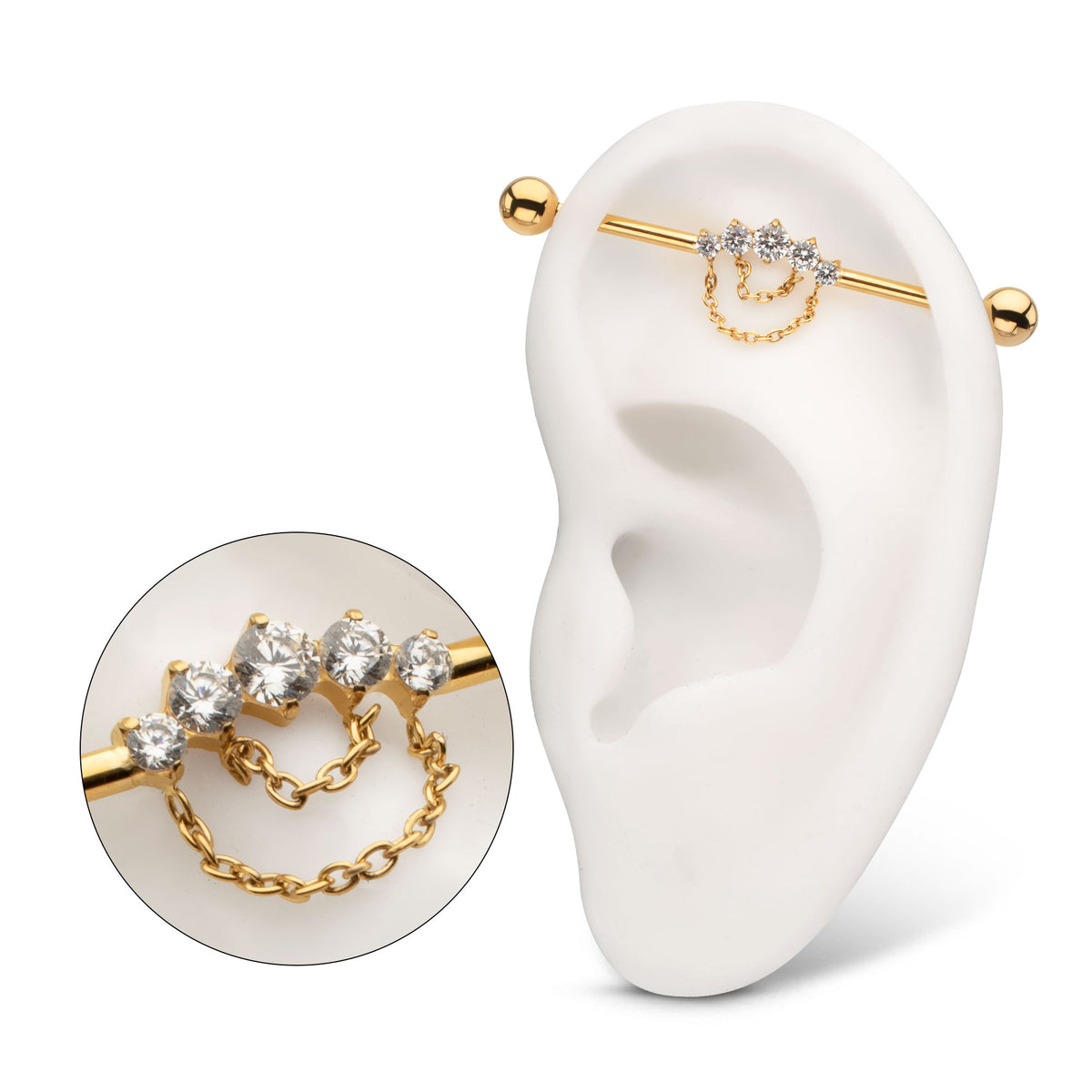 24Kt Gold PVD Titanium Internally Threaded 5 Prong Set Gem Cluster with 5 Chain Dangle & Ball End Industrial Barbell