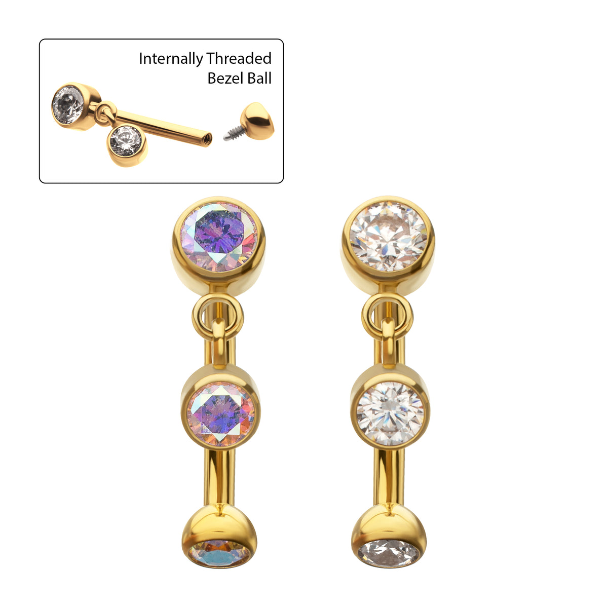 24Kt Gold PVD Titanium Internally Threaded Bezel Gem Fixed Top Curved Barbell with Floating Gem Dangle