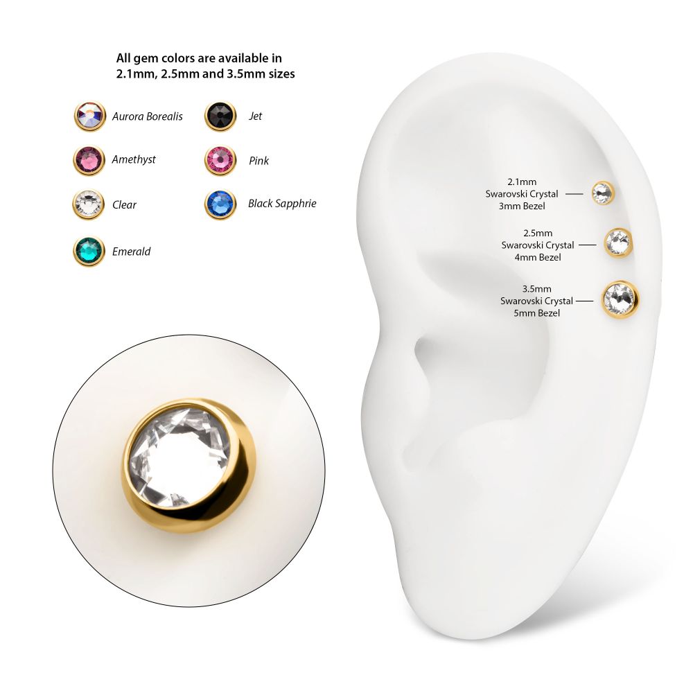 16g 24Kt Gold PVD Titanium Internally Threaded Low Profile Bezel Set Swarovski Crystal Dermal Top