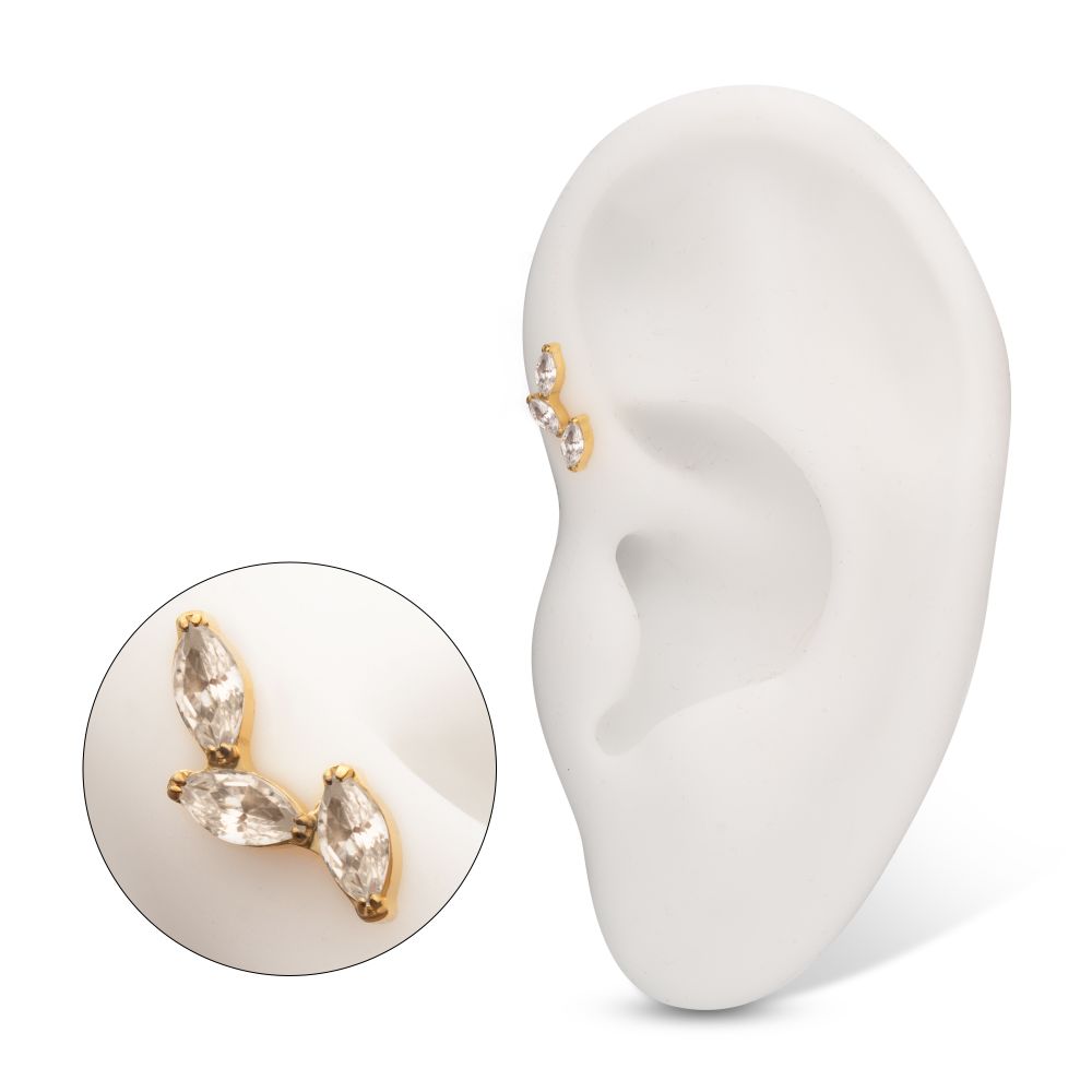 24Kt Gold PVD Titanium Internally Threaded Vine Shape Top with 3-Tier Full Clear CZ Gem Marquise