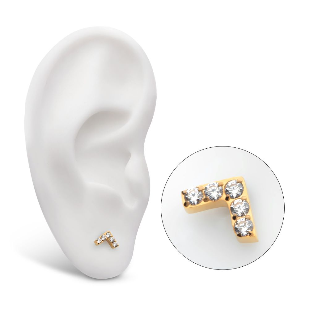 24Kt Gold PVD Titanium Internally Threaded Prong Set 5 Round CZ Chevron Shape Top
