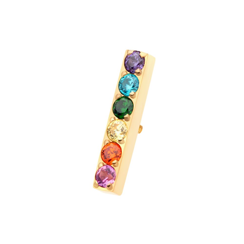 24Kt Gold PVD Titanium Internally Threaded Prong Set Rainbow CZ 6-Cluster Bar Top