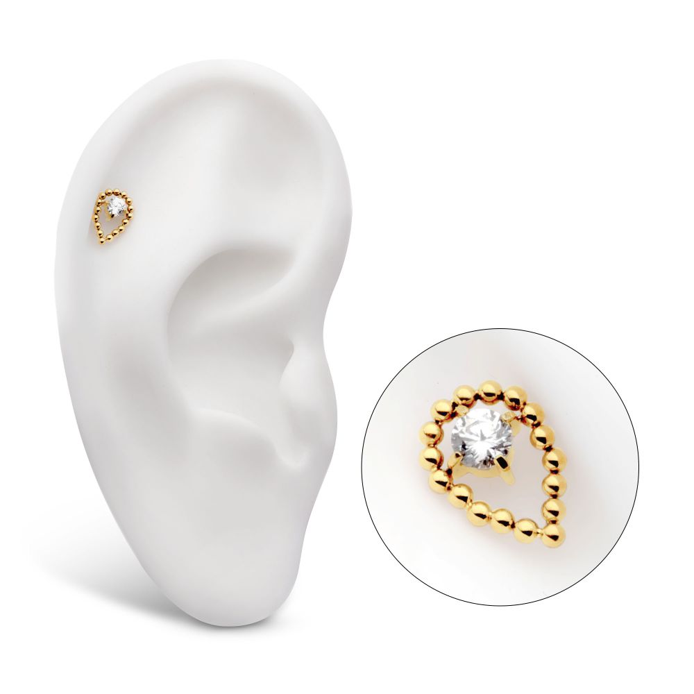 24Kt Gold PVD Titanium Internally Threaded Hollow Teardrop Shape Beads with Prong Set CZ Top