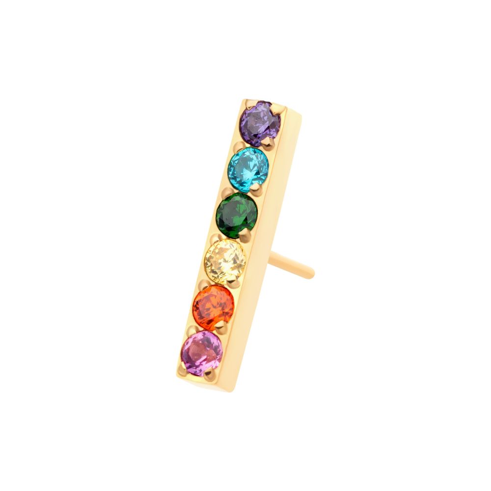 24Kt Gold PVD Titanium Threadless Prong Set Rainbow CZ 6-Cluster Bar Top