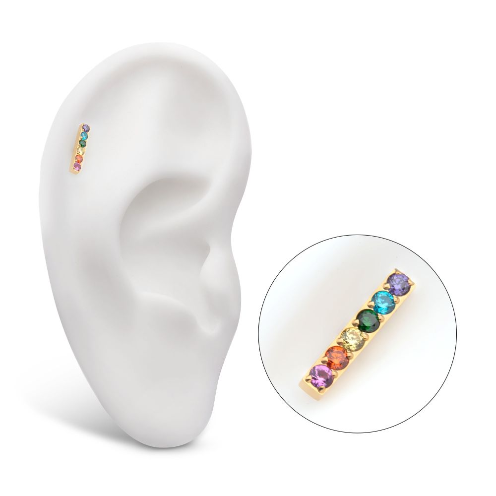 24Kt Gold PVD Titanium Threadless Prong Set Rainbow CZ 6-Cluster Bar Top