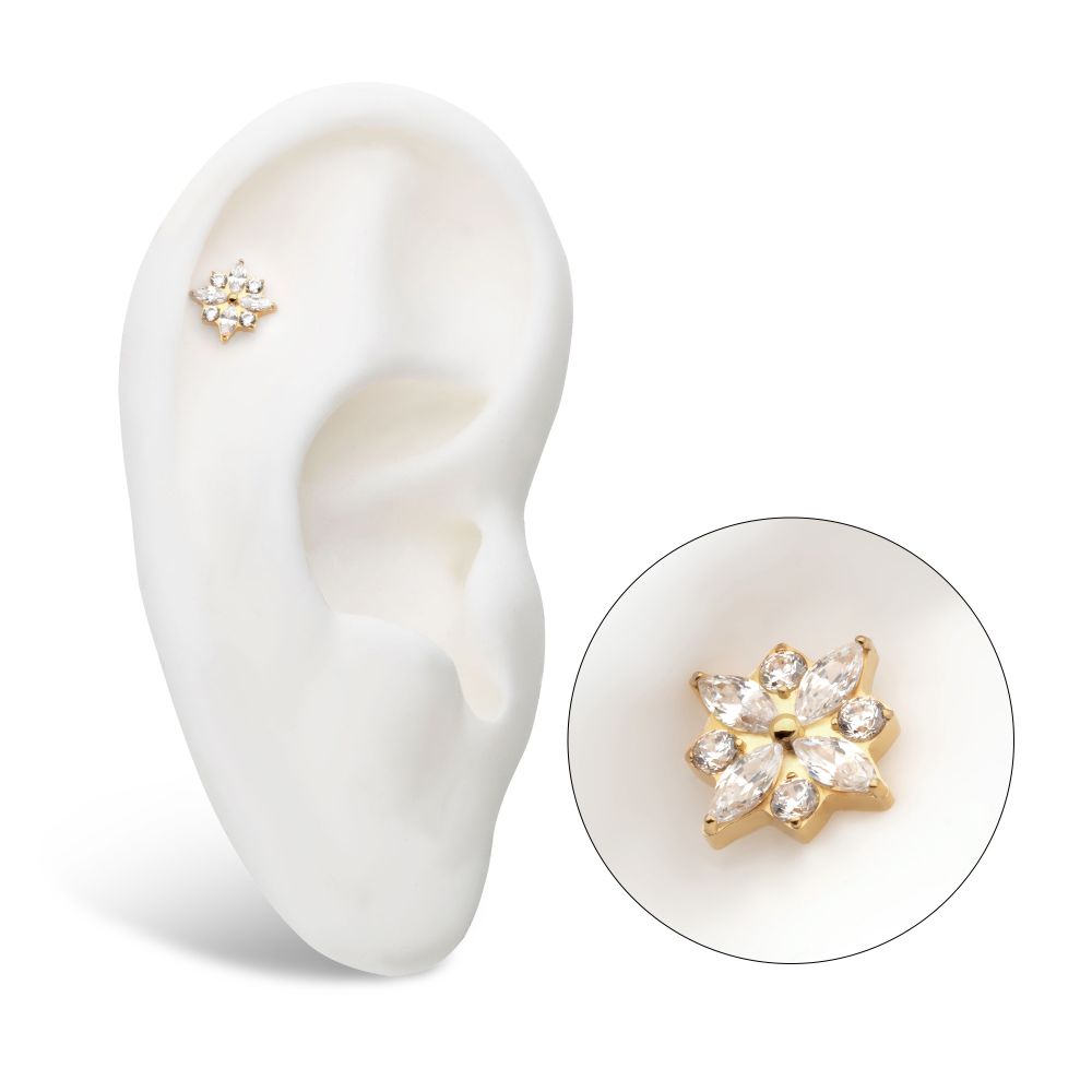 24Kt Gold PVD Titanium Threadless with 4 Marquise & 4 Round CZ Flower Shape Top