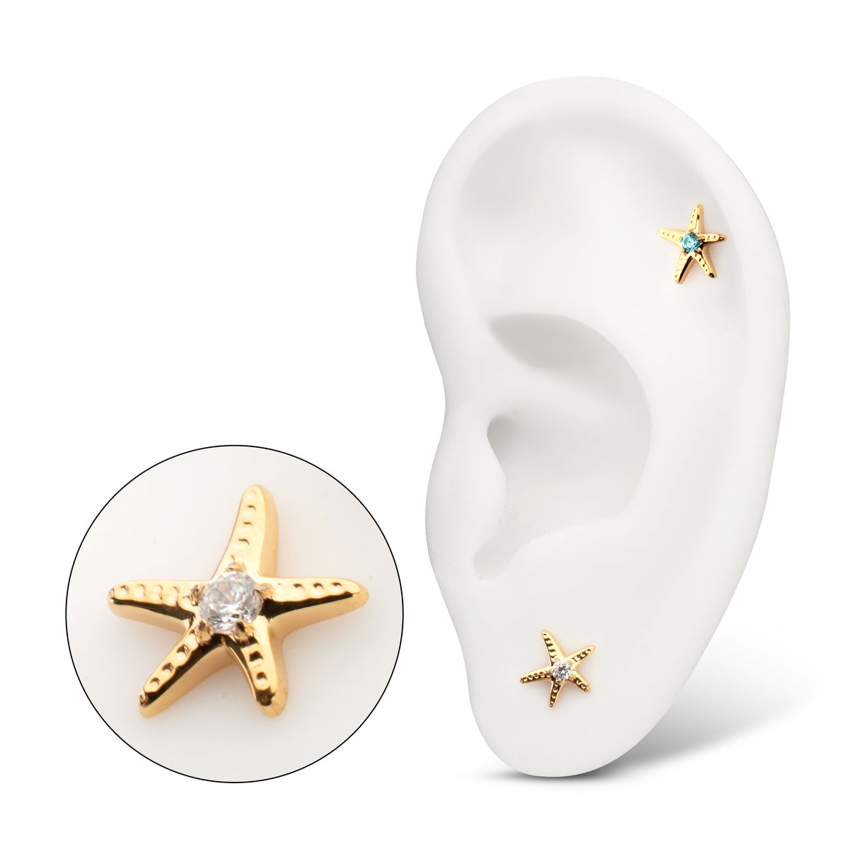24Kt Gold PVD Titanium Threadless Low Profile 3D Starfish Top with Prong Set Gem