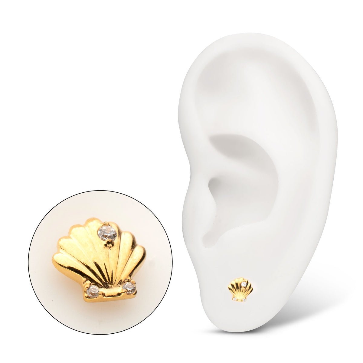 24Kt Gold PVD Titanium Threadless Low Profile 3D Shell Top with Prong Set Gem