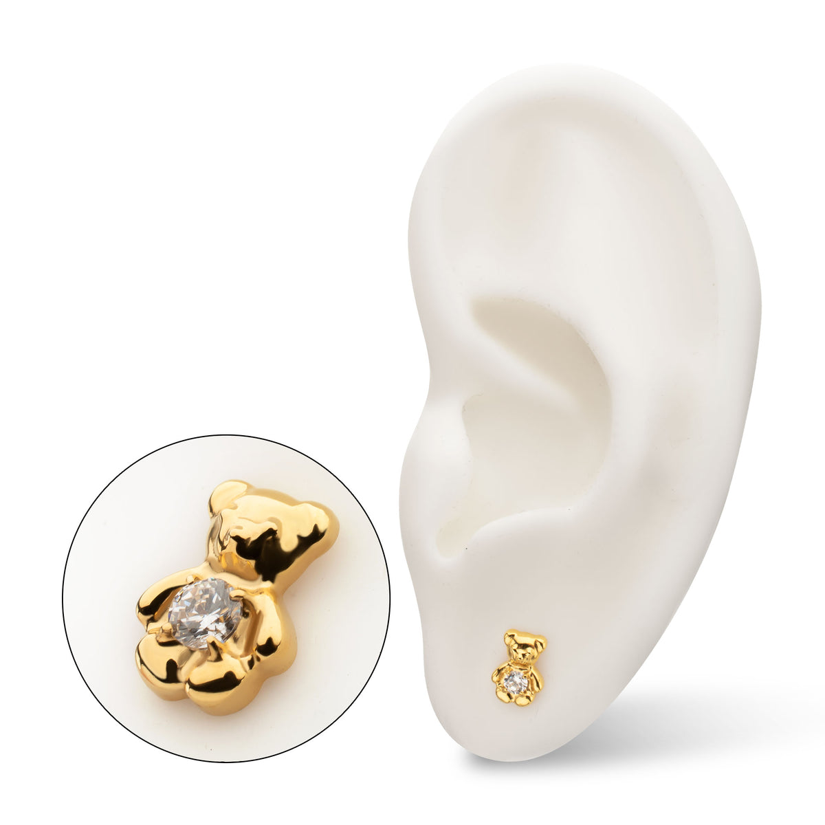 24Kt Gold PVD Titanium Threadless Prong Set Gem Teddy Bear Top