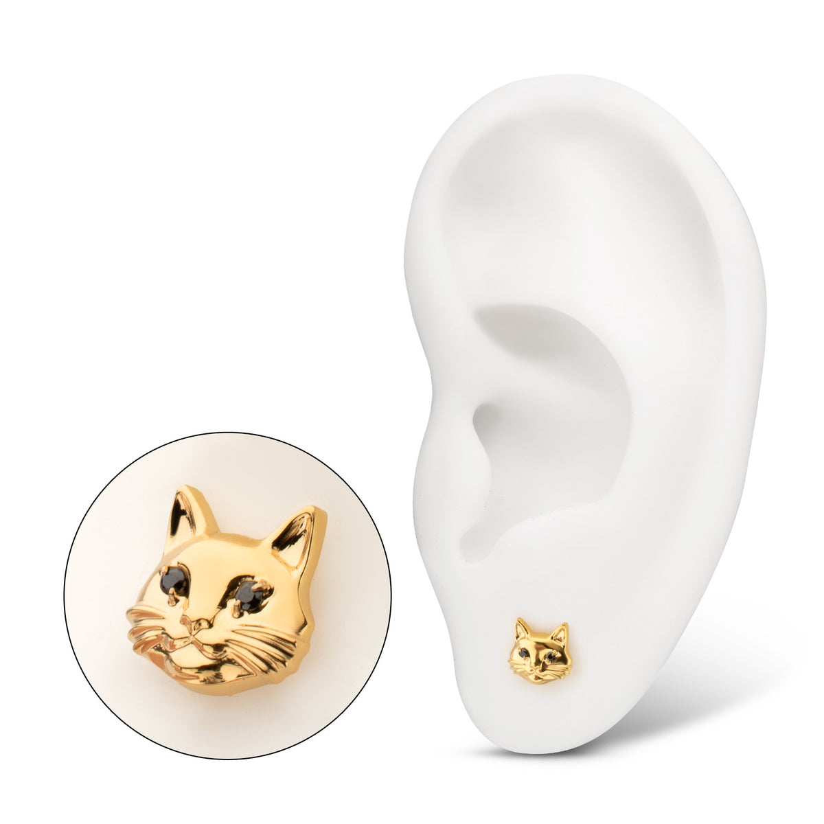 24kt Gold PVD Titanium Threadless Midnight Cat Top with Prong Set Black Gem Eyes