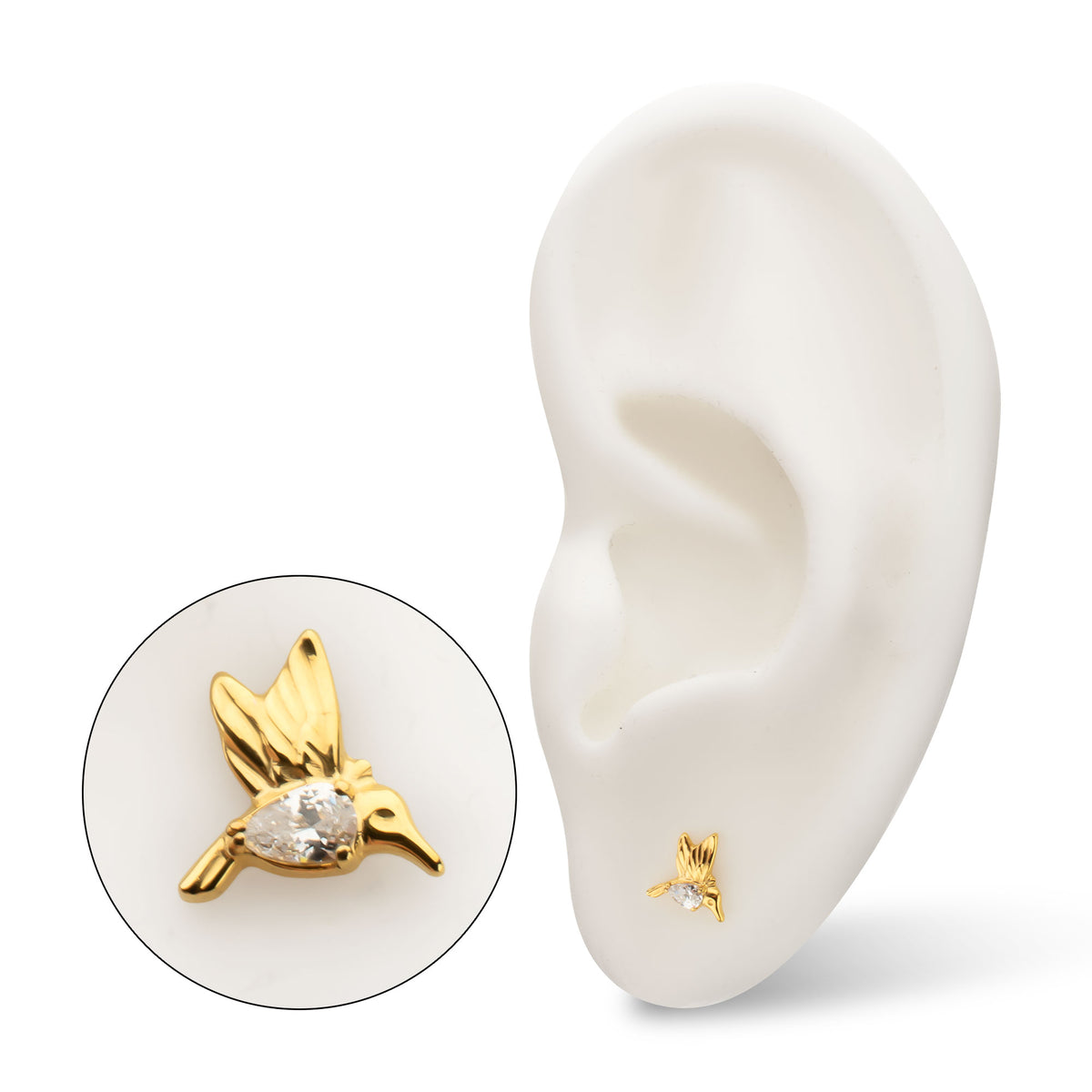 24kt Gold PVD Titanium Threadless Prong Set Teardrop Gem Hummingbird Top