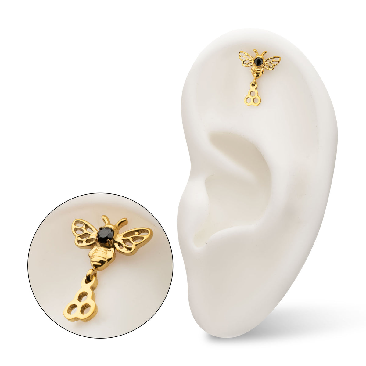 24kt Gold PVD Titanium Threadless Prong Set Black Gem Bee Top with Honeycomb Dangle