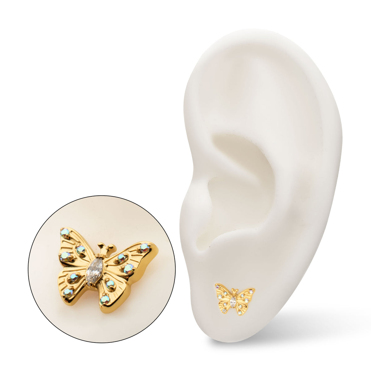 24kt Gold PVD Titanium Threadless Prong Set Gem Multi-Gem Butterfly Top