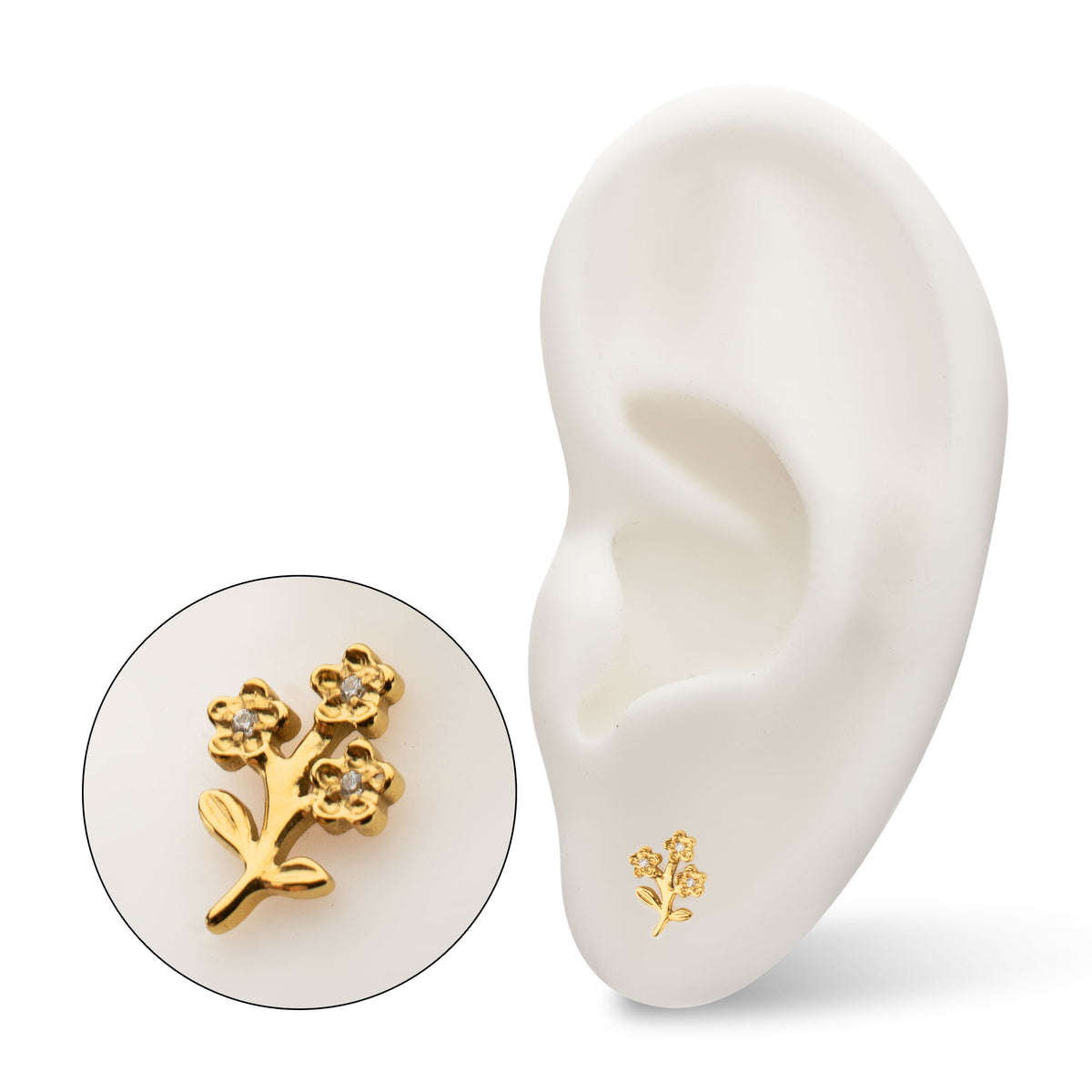 24kt Gold PVD Titanium Threadless Prong Set Gem Triple Flower & Stem Top