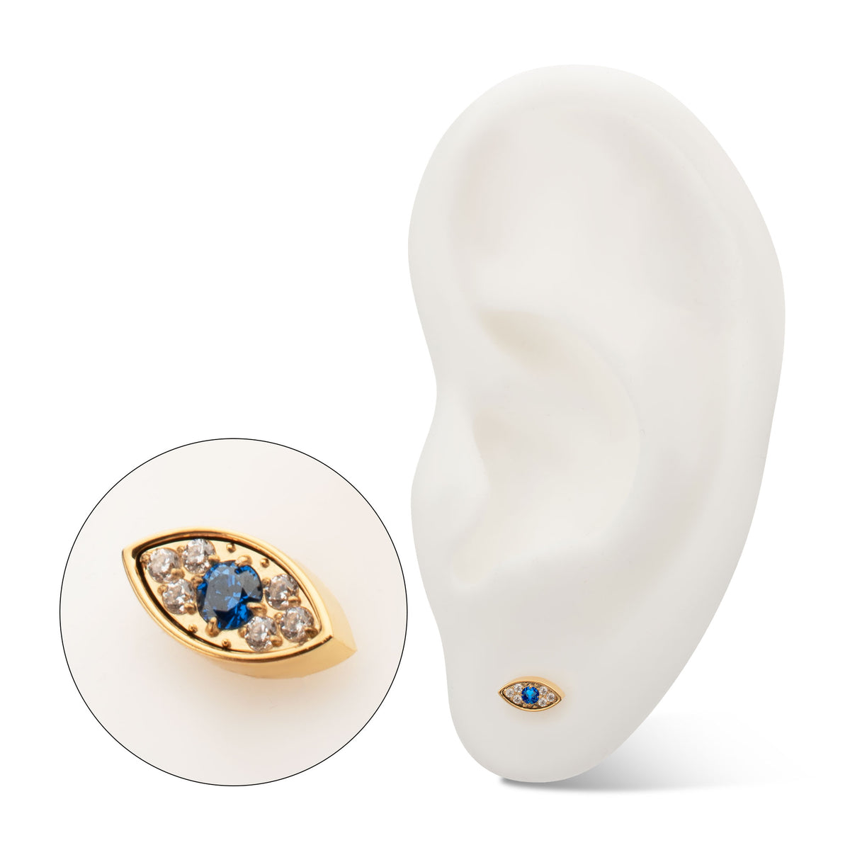 24kt Gold PVD Titanium Threadless Evil Eye Top with Blue & Clear CZ Gem
