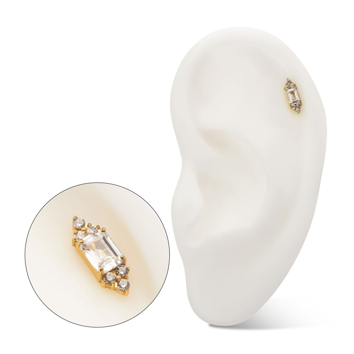 24kt Gold PVD Titanium Threadless Hexagon Top with Prong Set Round & Baguette Gem