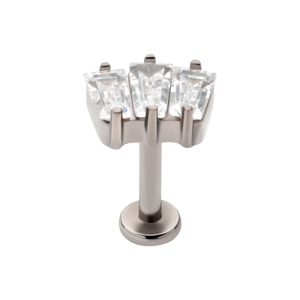 Titanium Internally Threaded Flat Base Labret with Prong Set Baguette CZ 3-Cluster Top