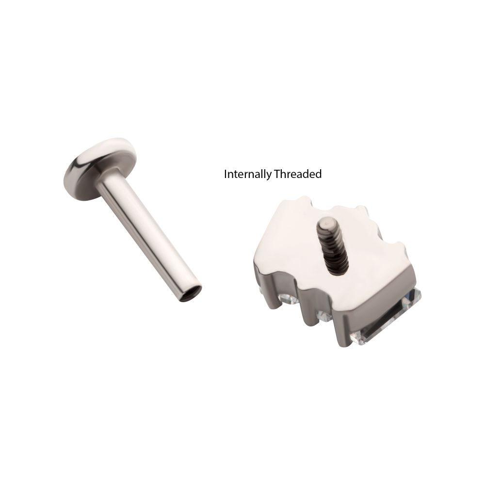 Titanium Internally Threaded Flat Base Labret with Prong Set Baguette CZ 3-Cluster Top