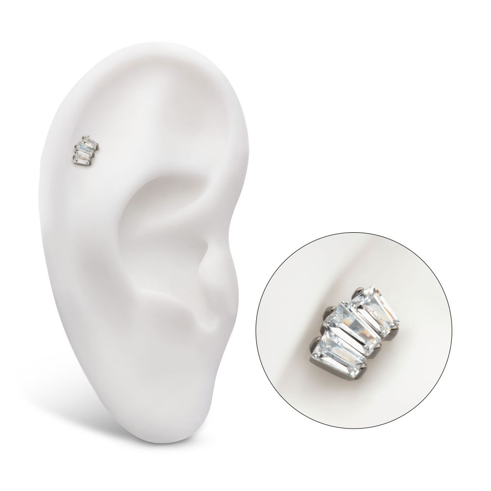 Titanium Internally Threaded Flat Base Labret with Prong Set Baguette CZ 3-Cluster Top