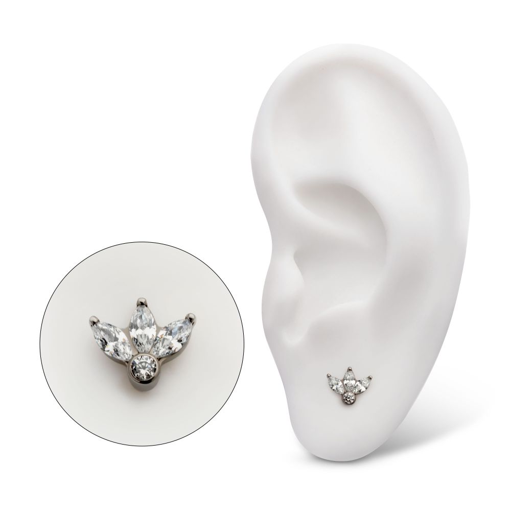 Titanium Internally Threaded Flat Base Labret with 3-Cluster Marquise CZ Fan Top