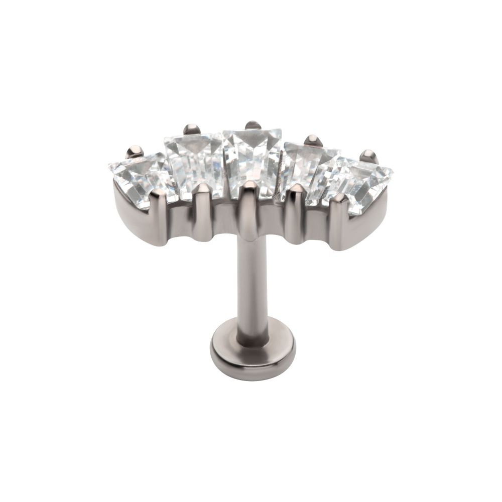 Titanium Internally Threaded Flat Base Labret with Prong Set Baguette CZ 5-Cluster Fan Shape Top