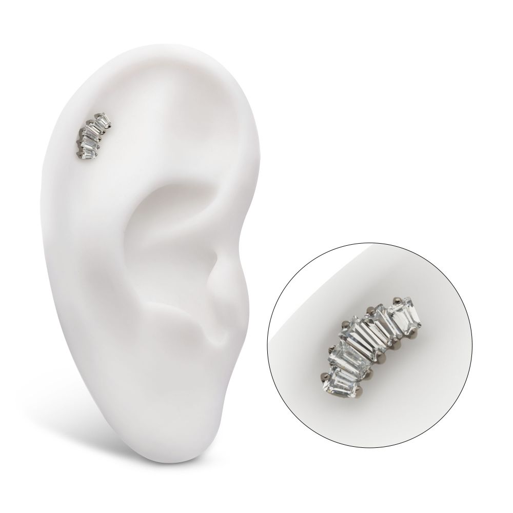 Titanium Internally Threaded Flat Base Labret with Prong Set Baguette CZ 5-Cluster Fan Shape Top