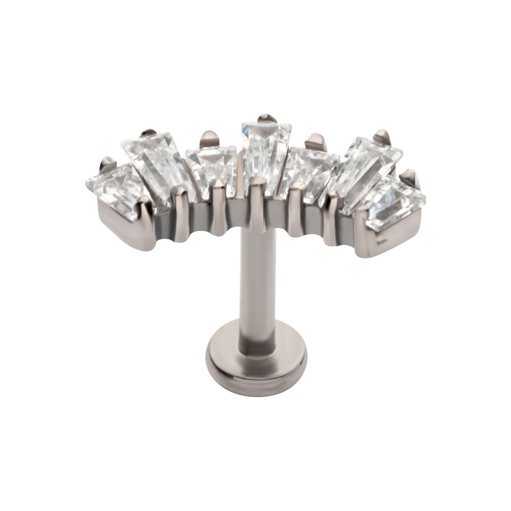 Titanium Internally Threaded Flat Base Labret with Prong Set Baguette CZ 7-Cluster Fan Shape Top