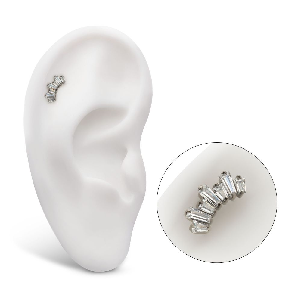 Titanium Internally Threaded Flat Base Labret with Prong Set Baguette CZ 7-Cluster Fan Shape Top