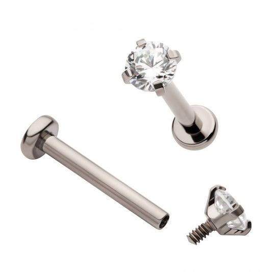 STERILIZED Titanium Internally Threaded Labret with Prong Set Clear CZ Top & 2.5mm Base