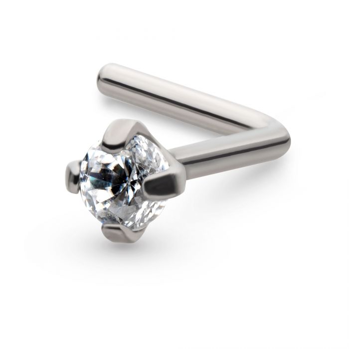 STERILIZED Titanium 4-Prong Set CZ L-Shape Nose Pin.