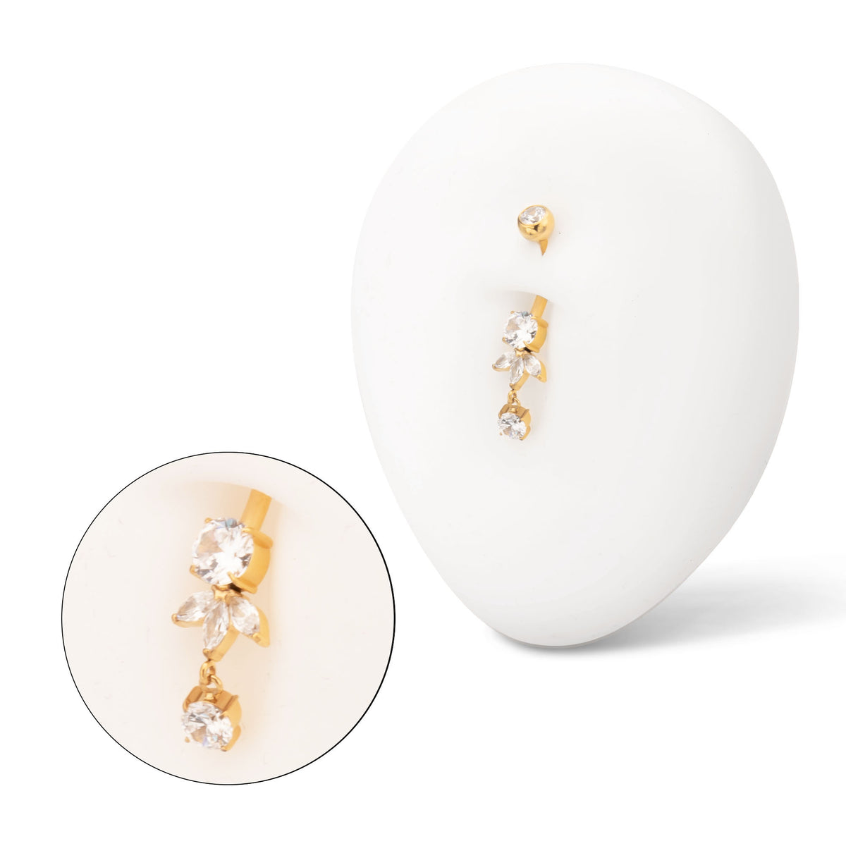 24Kt Gold PVD Titanium Internally Threaded Triple Marquise Gem Fan with Floating Round Gem Dangle Navel