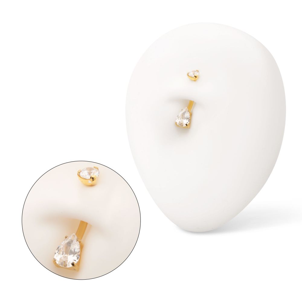 24Kt Gold PVD Titanium Internally Threaded Double Gem with Prong Set Teardrop Fixed Bottom Navel