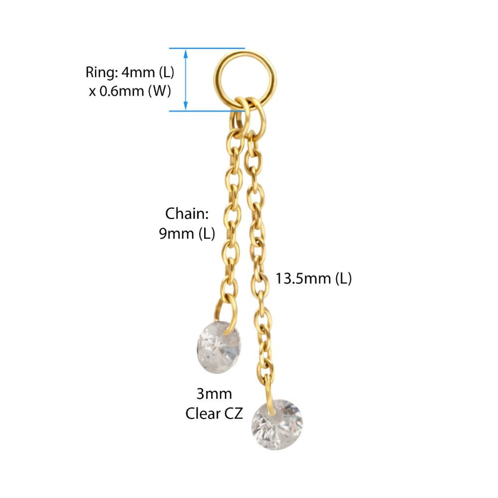 24Kt Gold PVD Titanium Floating CZ Double Round Gem Chain Dangle