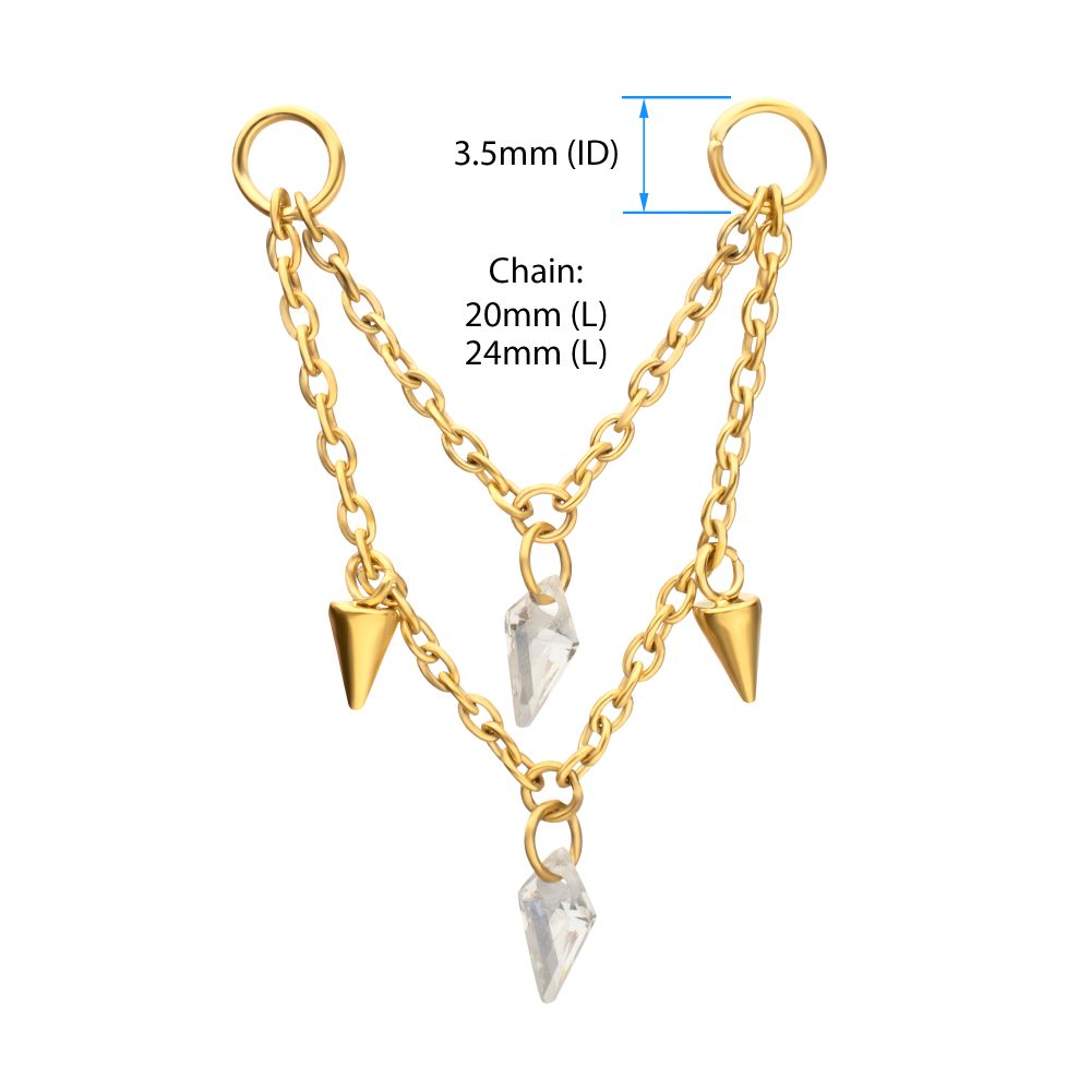 24Kt Gold PVD Titanium Double Spike & Kite Gem 2-Tier Chain Dangle