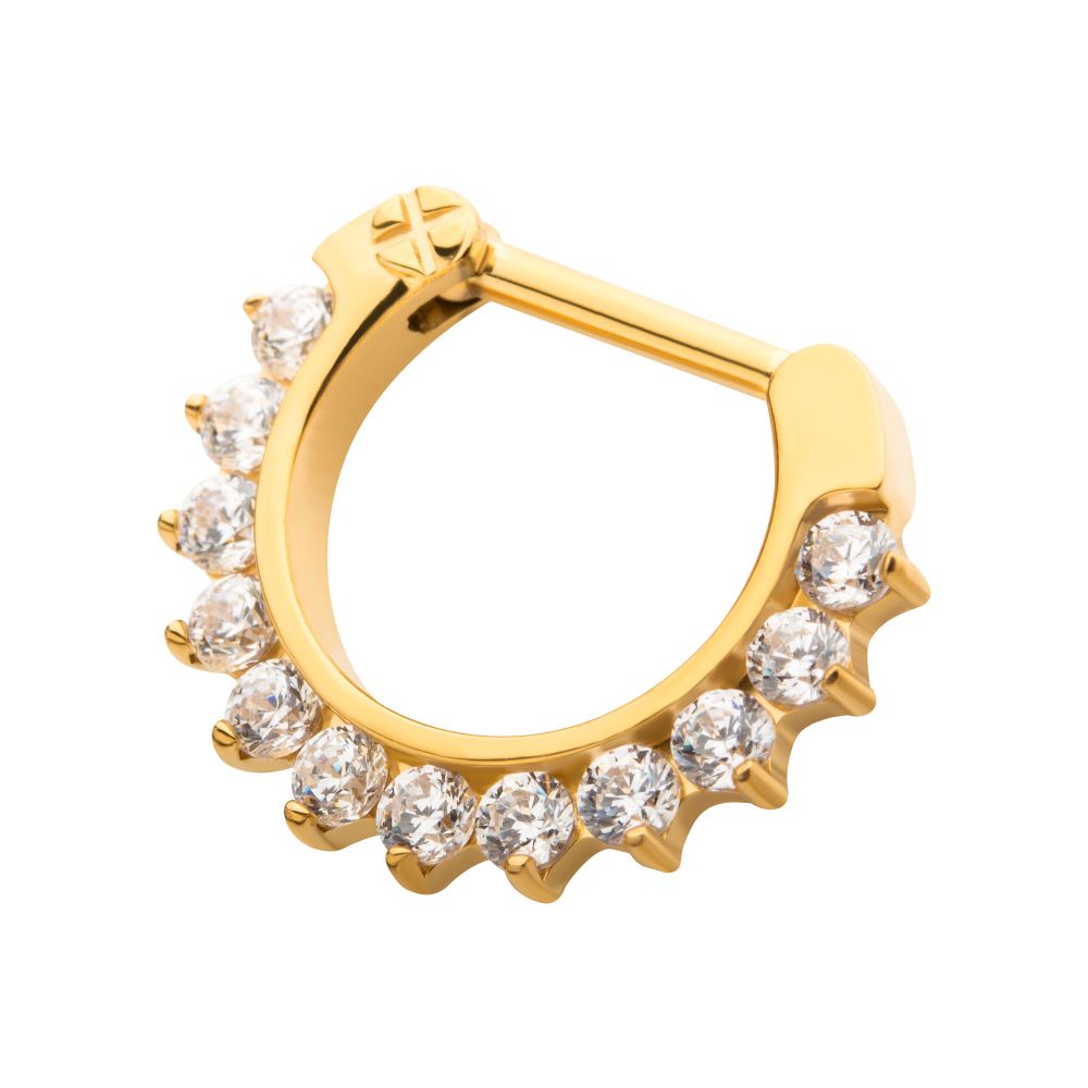 24KT Gold PVD Titanium Pave Set Clear CZ Cluster Septum Clicker