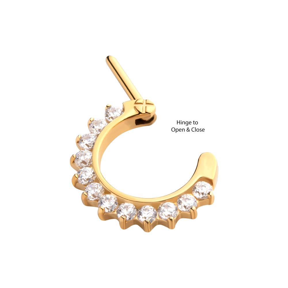 24KT Gold PVD Titanium Pave Set Clear CZ Cluster Septum Clicker