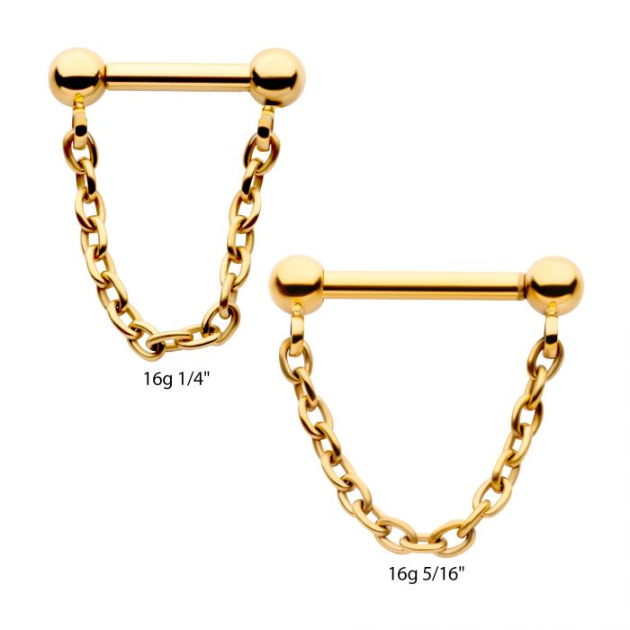 24Kt Gold PVD Titanium Dangle Chain on a One Side Threadless, One Side Fixed Bar with Ball ends